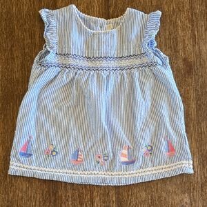 Jojo Maman Bébé Blue & White Smocked Dress with Sailboat Embroidery, Size 2-3yrs